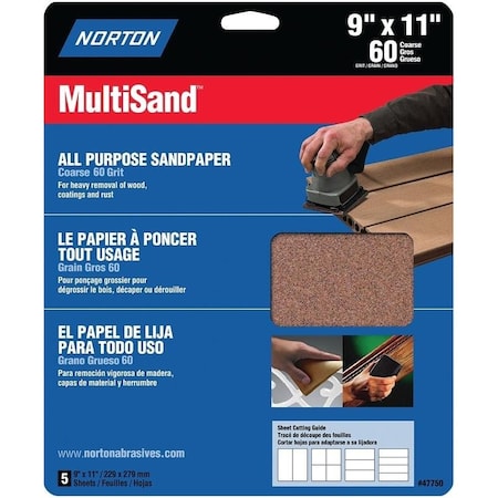 MultiSand 076607 Sanding Sheet, 11 In L, 9 In W, Coarse, 60 Grit, Aluminum Oxide Abrasive